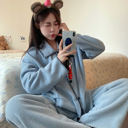 侘町2024新款字母刺绣果粒绒睡衣女秋冬款保暖加绒加厚家居服套装