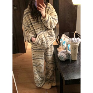 侘町2025新款冬季复古连帽拉链式外套可外穿休闲家居服睡衣套装女