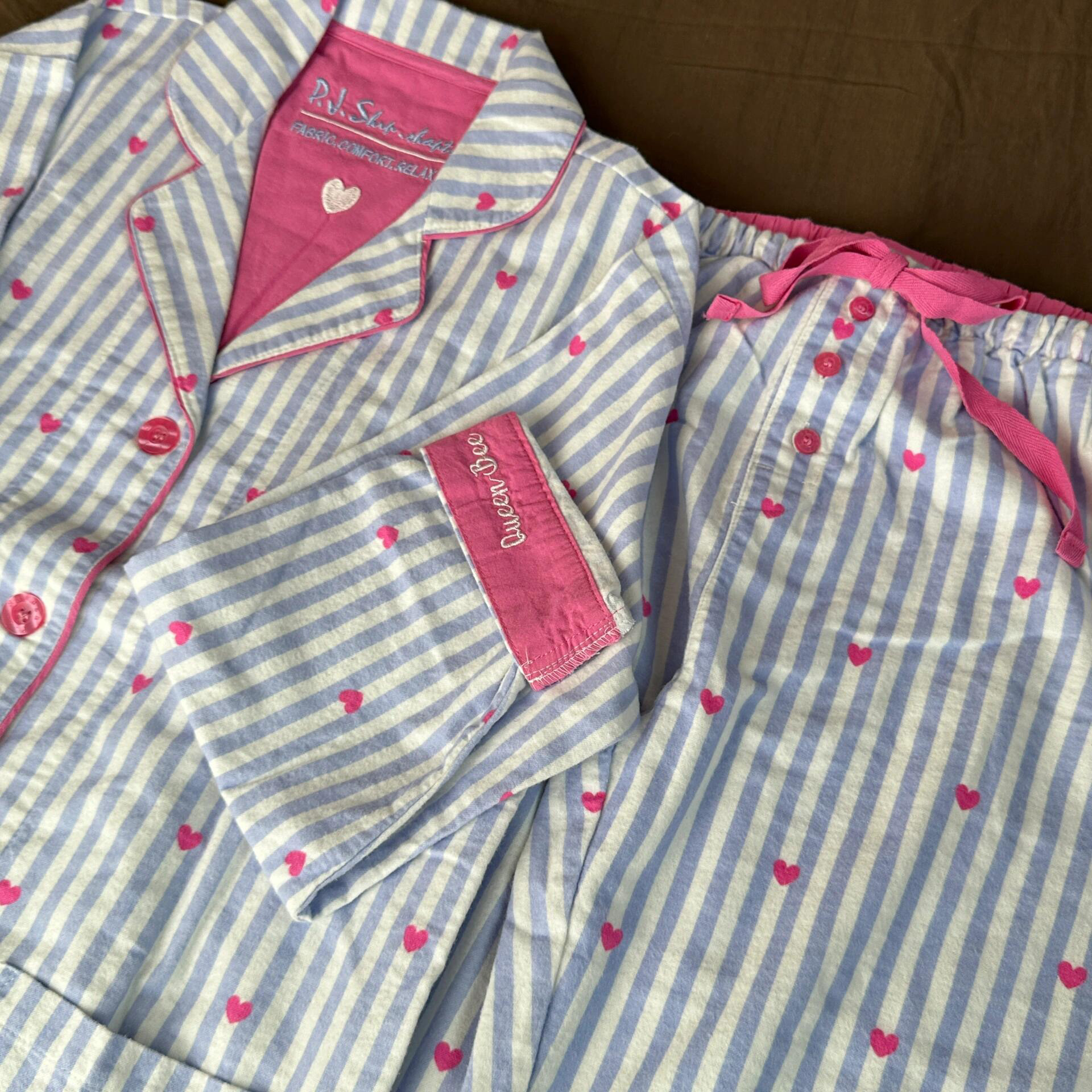 侘町2025年春秋季家居服新款蓝条心磨毛长袖女可外穿卡通休闲睡衣