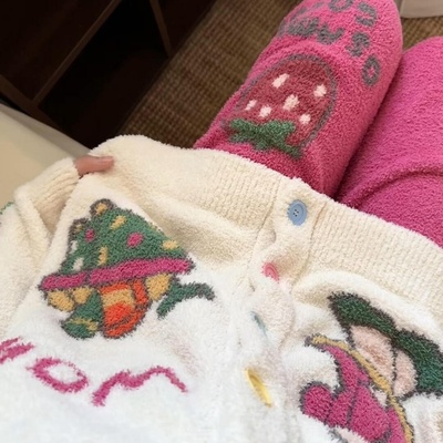 侘町粉白wow原田治女孩2025新款半边绒开衫秋冬睡衣保暖加绒居家