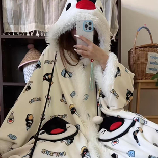 侘町2025睡衣新款企鹅PINGU法兰绒睡袍女秋冬款可外穿家居服斗篷