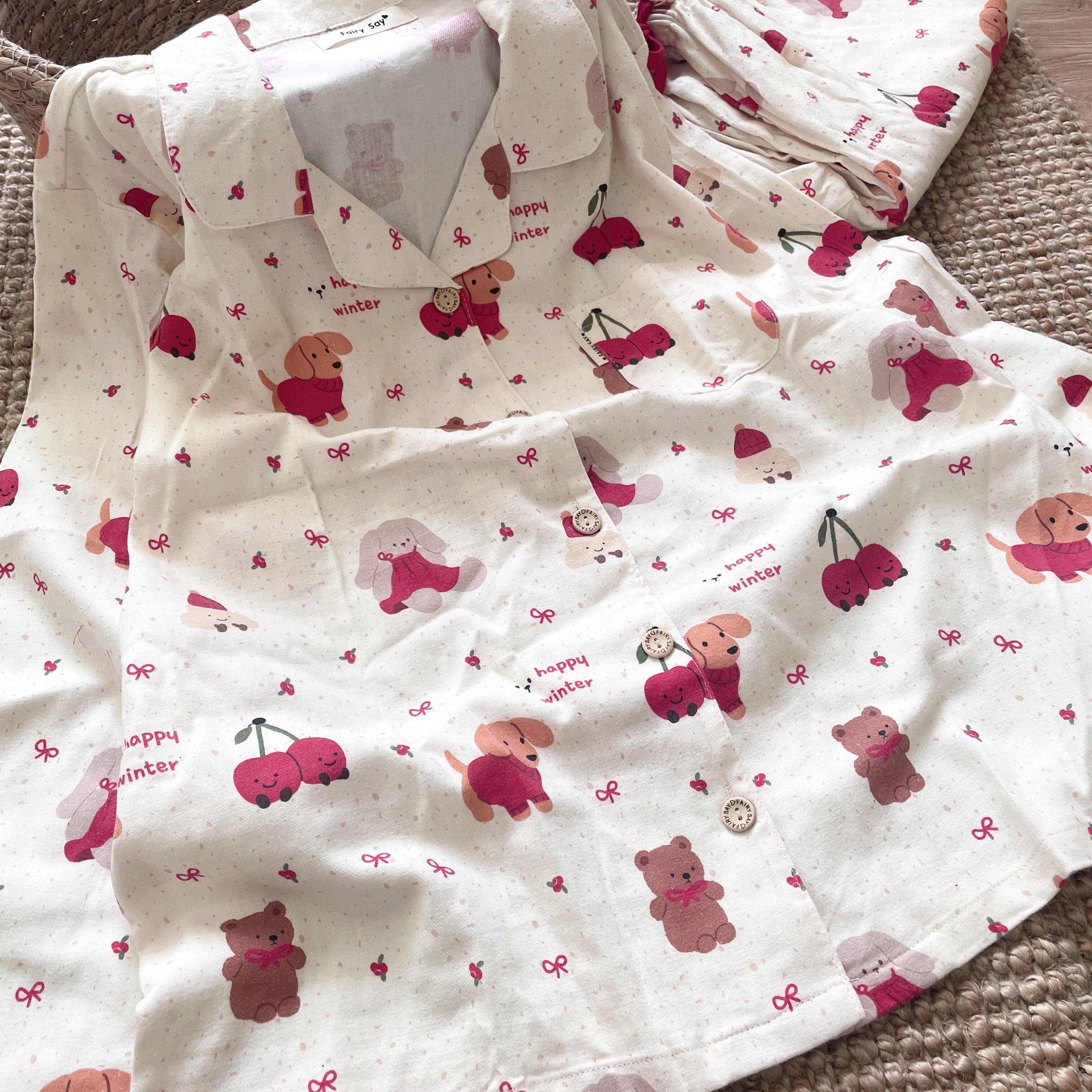 侘町2025秋冬新款樱桃小狗睡衣女款纯棉开衫翻领套装可外穿家居服