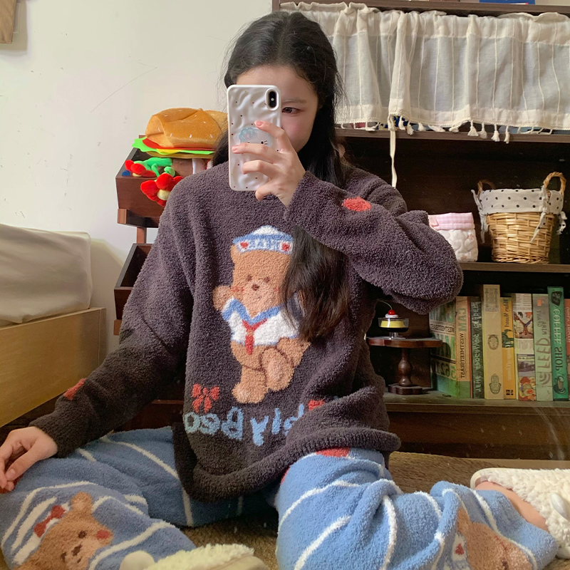 侘町2025新款海军风条纹小熊半边绒秋冬保暖睡衣女卡通套装家居服