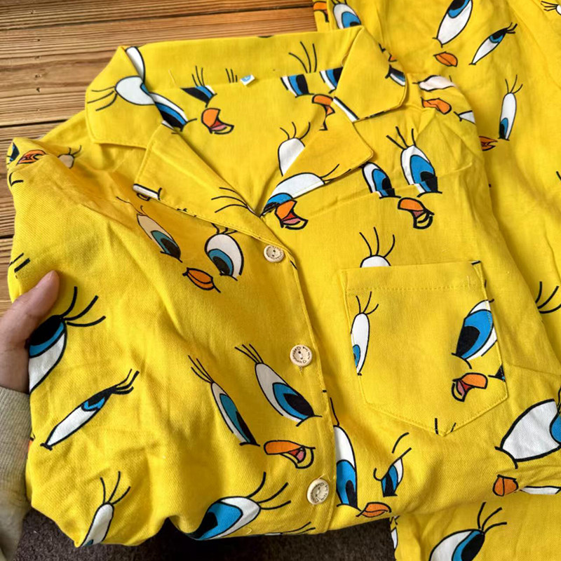 侘町2025年新款黄色崔迪纯棉长袖睡衣女春秋季可外穿家居服春款