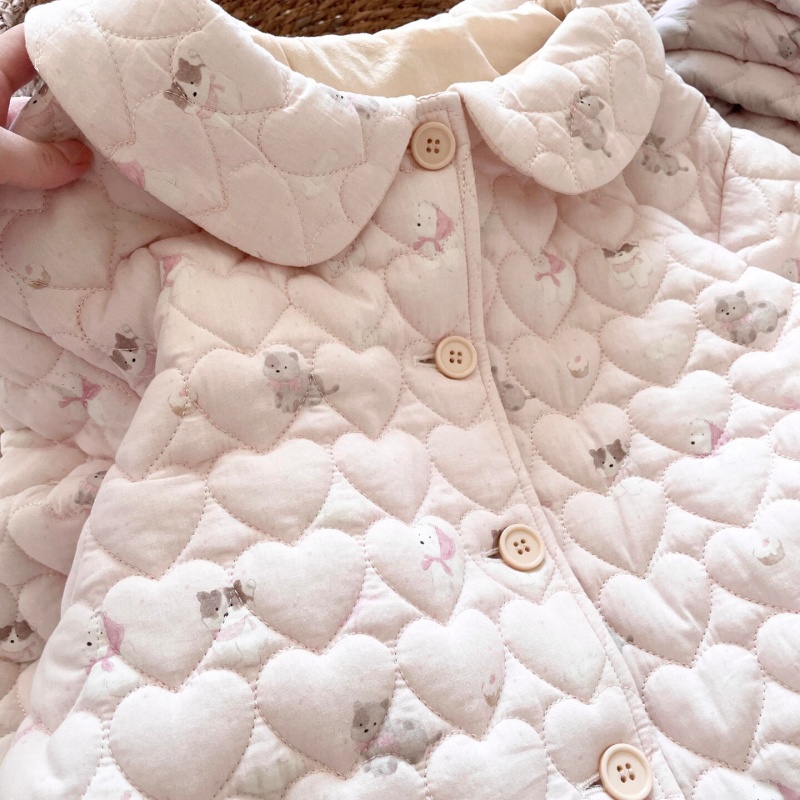 侘町粉底点点小狗睡衣女2025新款冬季三层夹棉保暖开衫家居服套装