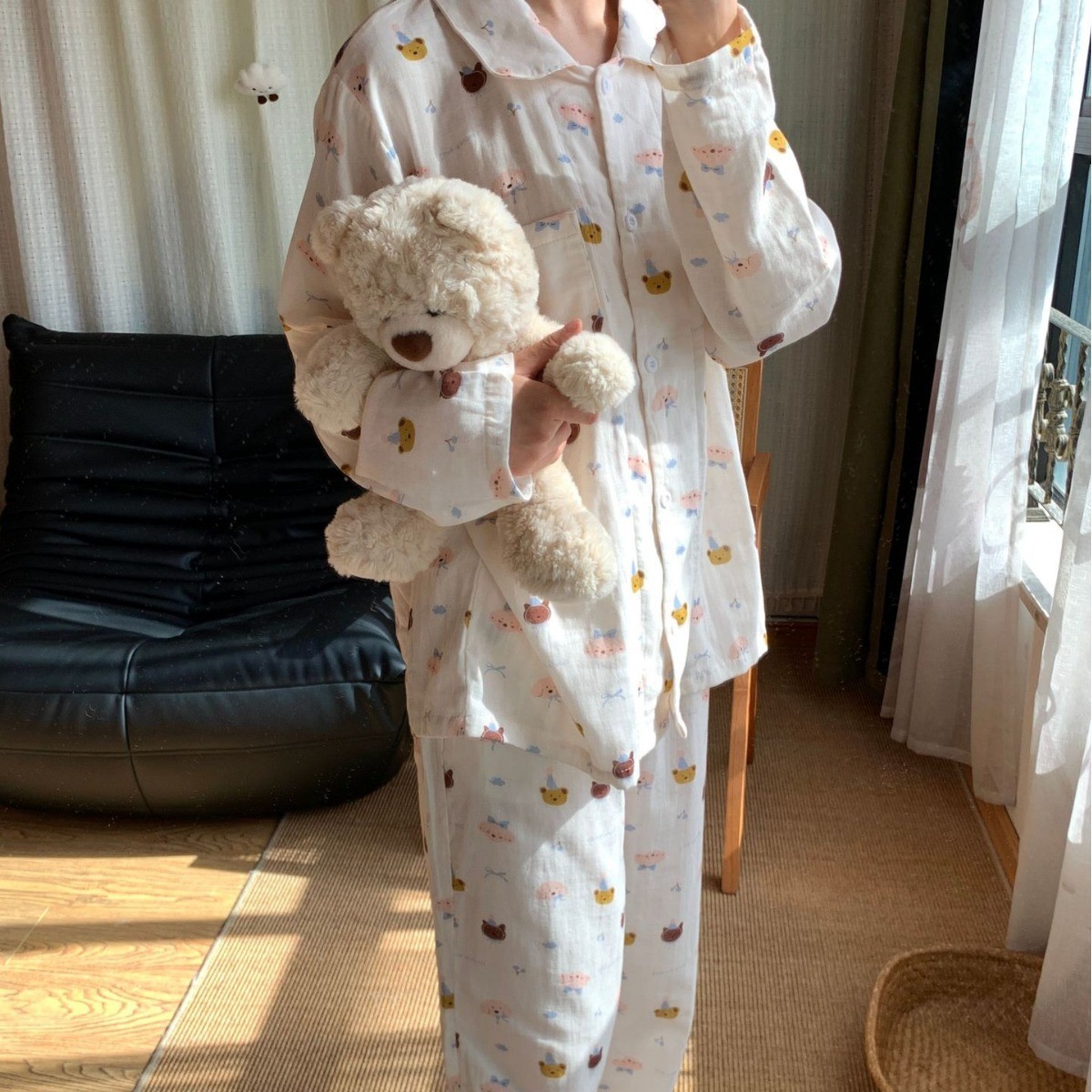 侘町2025新款秋冬白色狗狗熊棉纱睡衣卡通印花少女心简约家居服