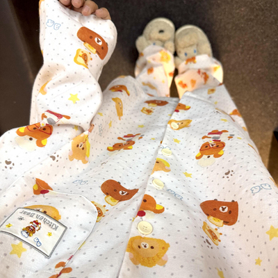 侘町2025秋冬新款波点轻松熊纯棉长袖睡衣女休闲卡通可外穿家居服