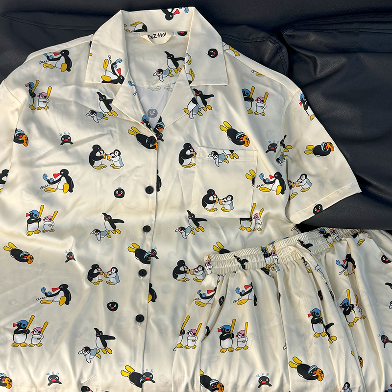 侘町2024年新款米白pingu冰丝短袖睡衣女夏季卡通家居服套装夏天