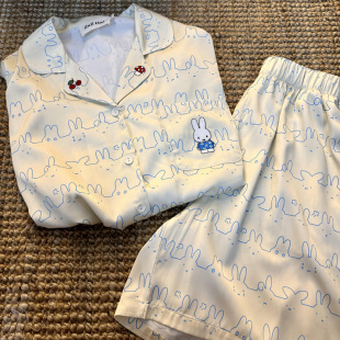 侘町2025年新款 淡蓝色米菲表情冰丝短袖 睡衣夏天季 卡通家居服套装