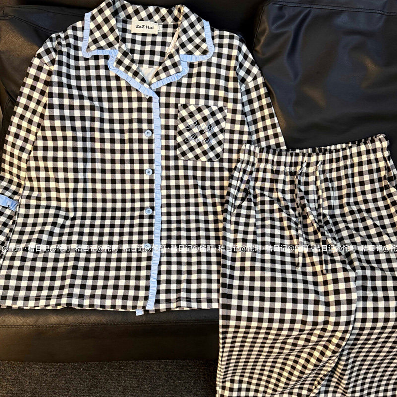 侘町2025新款经典黑白格长袖休闲居家睡衣女纯棉春秋季家居服套装