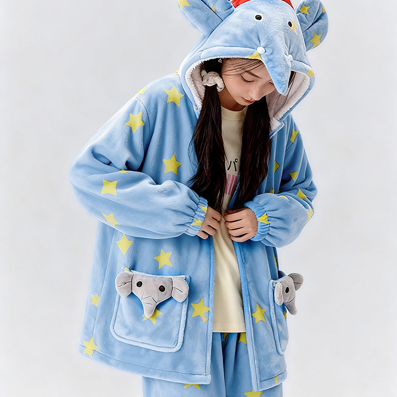 侘町2025新款笨笨大象法兰绒冬季睡衣女秋冬款加厚家居服套装冬季