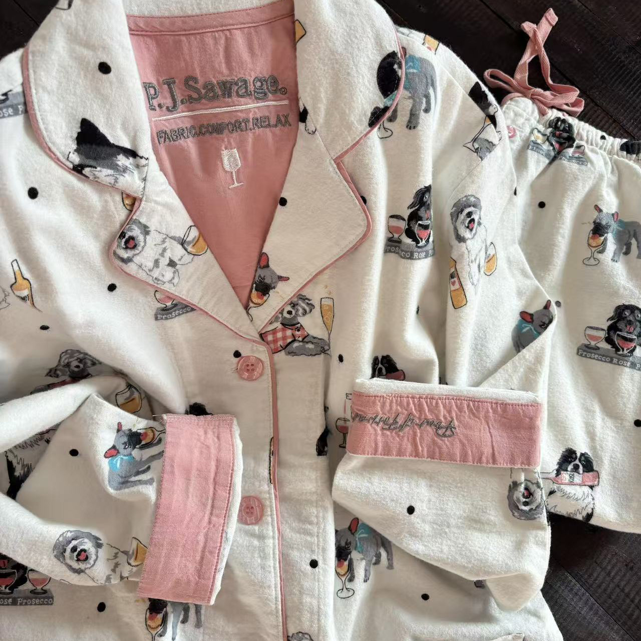 侘町2025年新款白色粉底酒杯狗磨毛长袖睡衣春秋可外穿卡通家居服