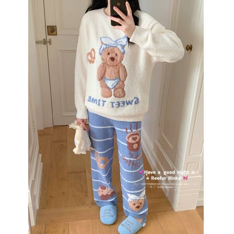 侘町2025新款甜睡小熊圆领睡衣秋冬软绵绵半边绒甜美保暖家居服女