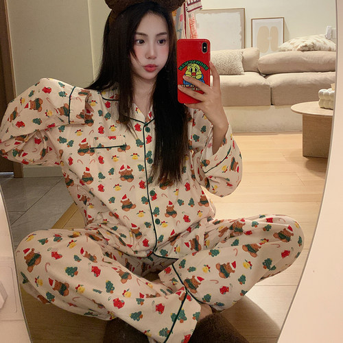 侘町2024春秋新款米白圣诞小熊长袖睡衣女卡通少女家居服套装秋季