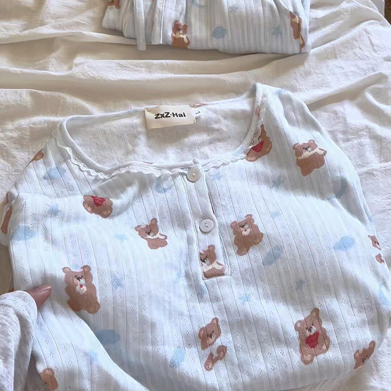 侘町2025新款晚安小熊长袖针织提花棉带胸垫睡衣春秋季家居服套装