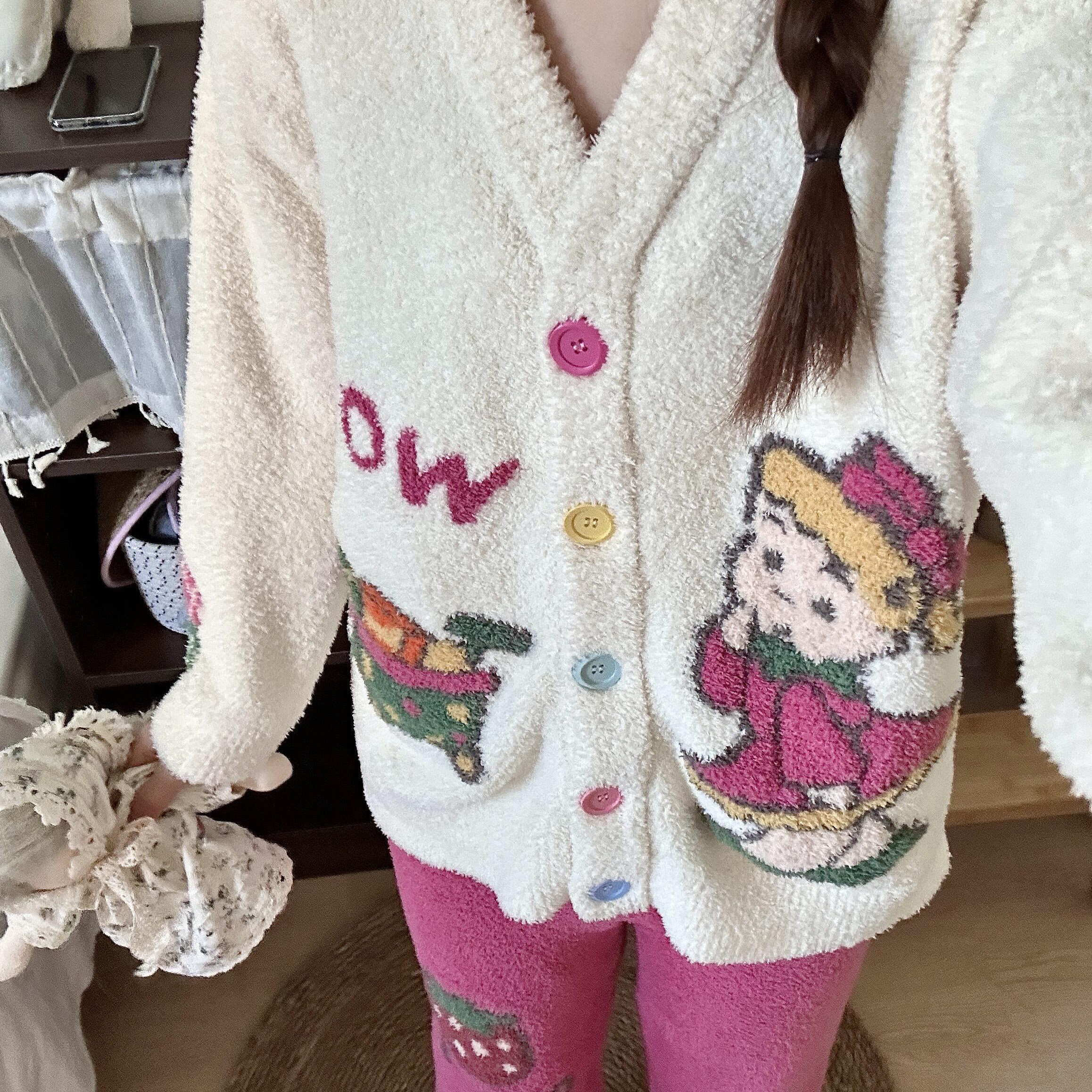 侘町2025秋冬新款粉白wow原田治女孩半边绒开衫睡衣保暖加绒套装,女士内衣/男士内衣/家居服,睡衣/家居服套装,淘宝优惠券,粉丝福利购,淘宝优惠卷