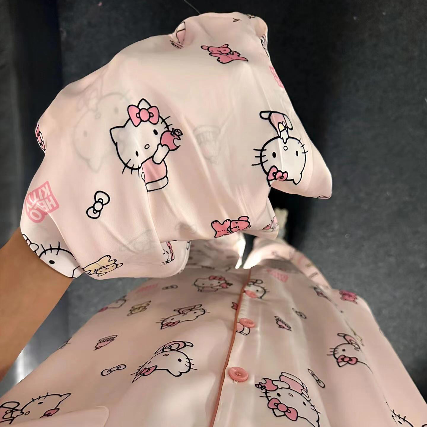 侘町2024新款蝴蝶结hellokitty短袖睡衣女夏季薄款冰丝家居服套