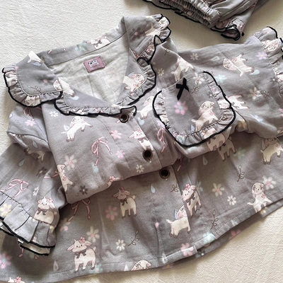 侘町2025新款灰色小羊花园纯棉短袖短裤睡衣女夏天卡通纯棉家居服