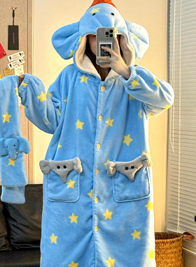侘町2025新款笨笨大象睡袍女秋冬季加绒加厚夹棉睡衣法兰绒家居服