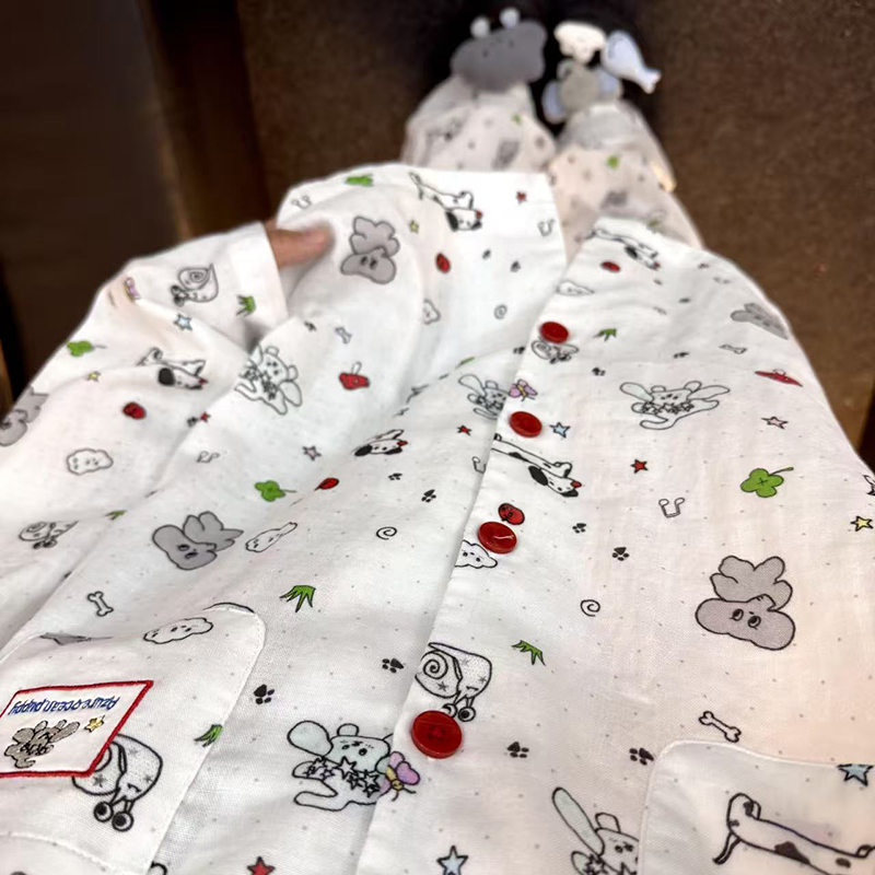 侘町2025年春秋季新款涂鸦线条小狗套装纯棉睡衣女长袖卡通家居服