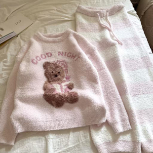 卡通加绒家居服 半边绒秋冬长袖 侘町2025新款 粉色晚安小熊睡衣套装