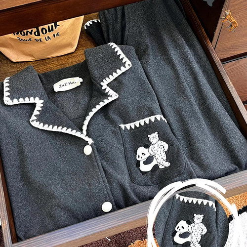 侘町2024年新款灰色熊猫德绒睡衣女秋冬款可外穿加厚家居服套装