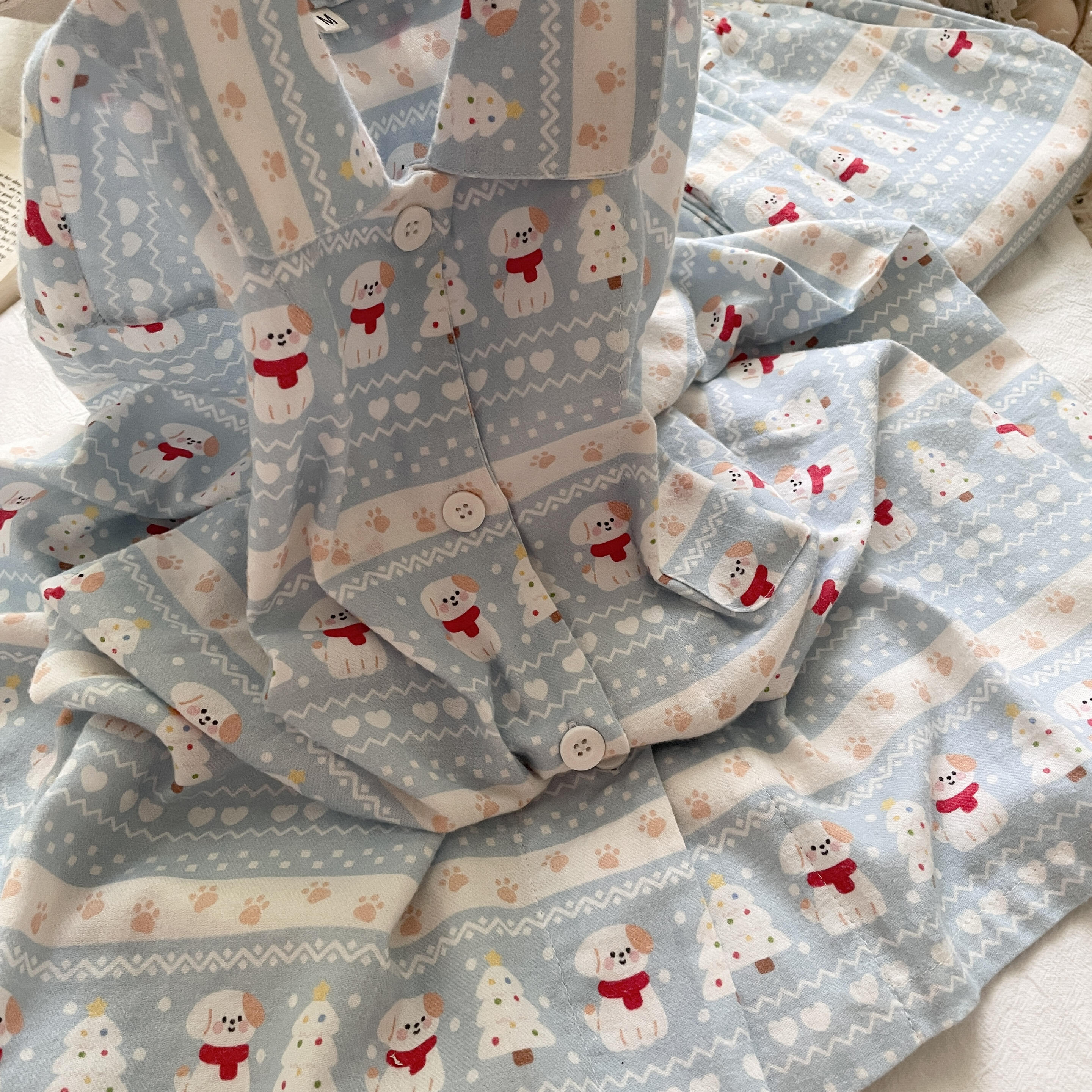 侘町2025新款雪境萌犬全棉磨毛休闲翻领长袖春秋睡衣女家居服套装