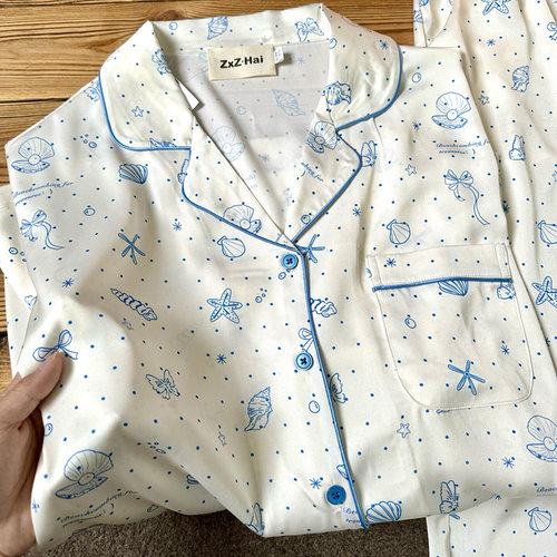 侘町2025新款淡蓝贝壳短袖冰丝睡衣女夏季款卡通可外穿家居服套装