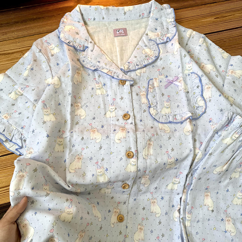 侘町2025年新款生日猫咪纯棉短袖睡衣女夏季可外穿卡通家居服夏天