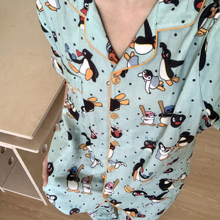 侘町2025新款 pingu薄荷曼波短袖 纯棉睡衣女春秋季 卡通家居服套装
