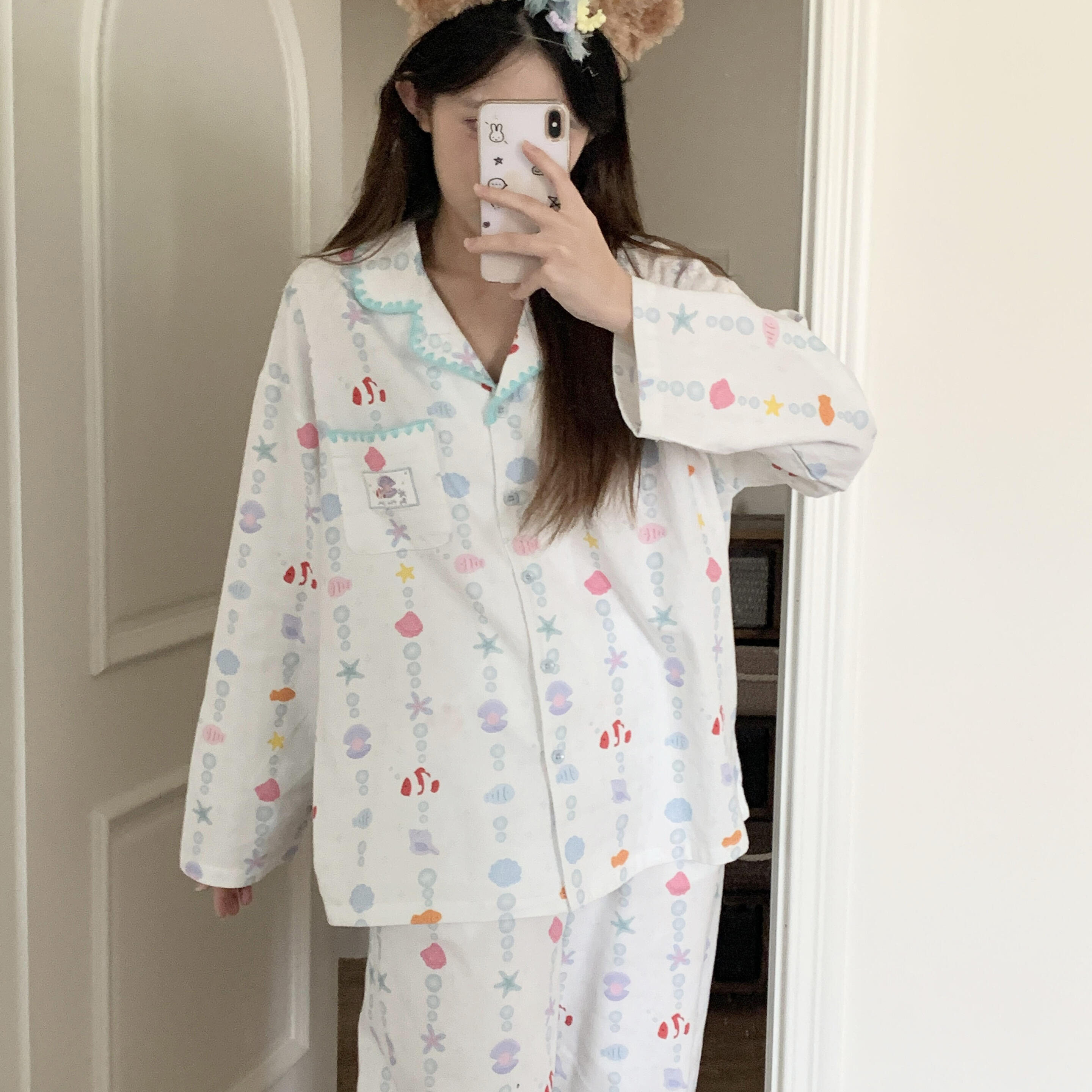 侘町2025年家居服新款泡泡小鱼长袖纯棉磨毛睡衣可外穿秋季套装女,女士内衣/男士内衣/家居服,睡衣/家居服套装,淘宝优惠券,粉丝福利购,淘宝优惠卷