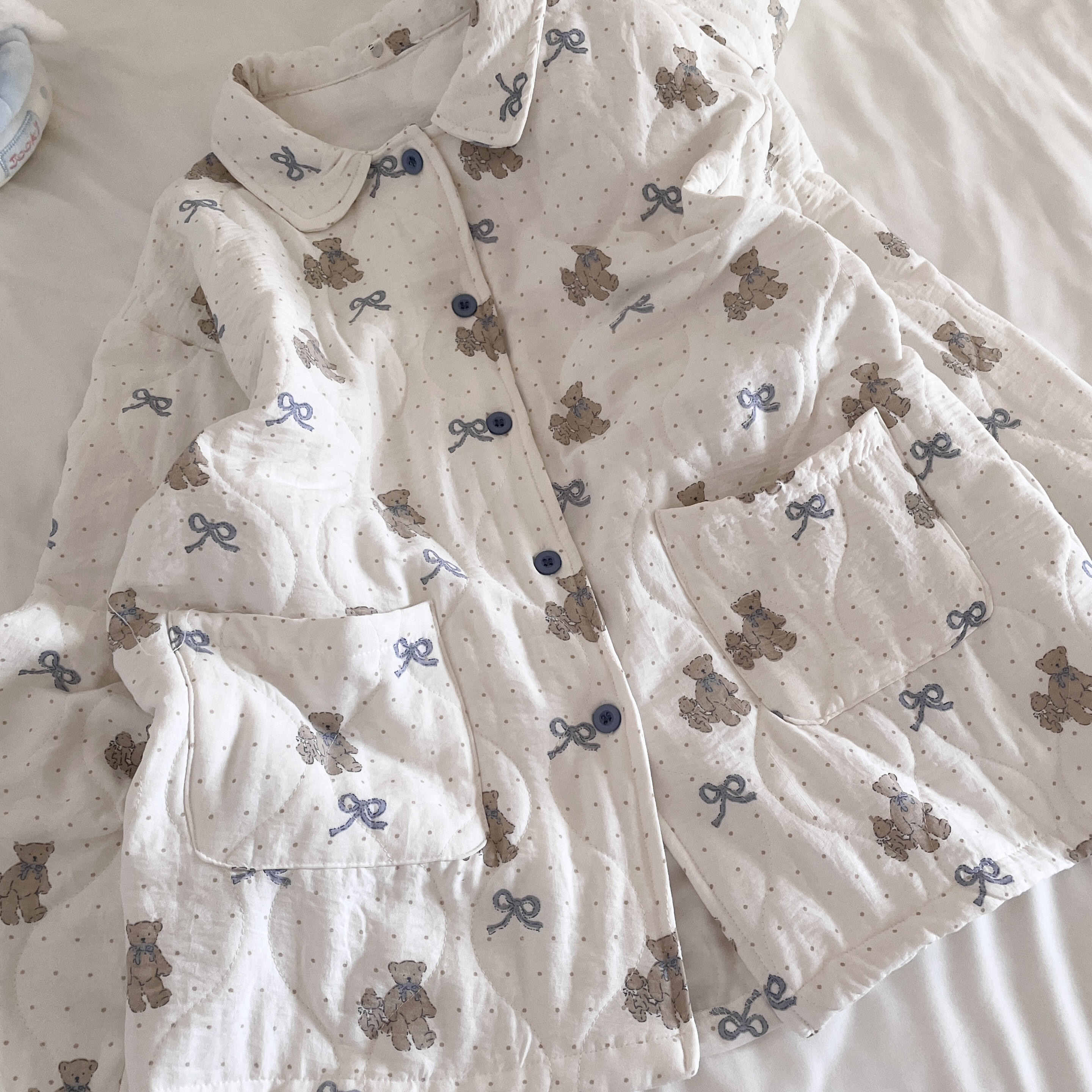 侘町2025冬季新款波点小熊睡衣空气夹棉保暖女加厚翻领套装家居服