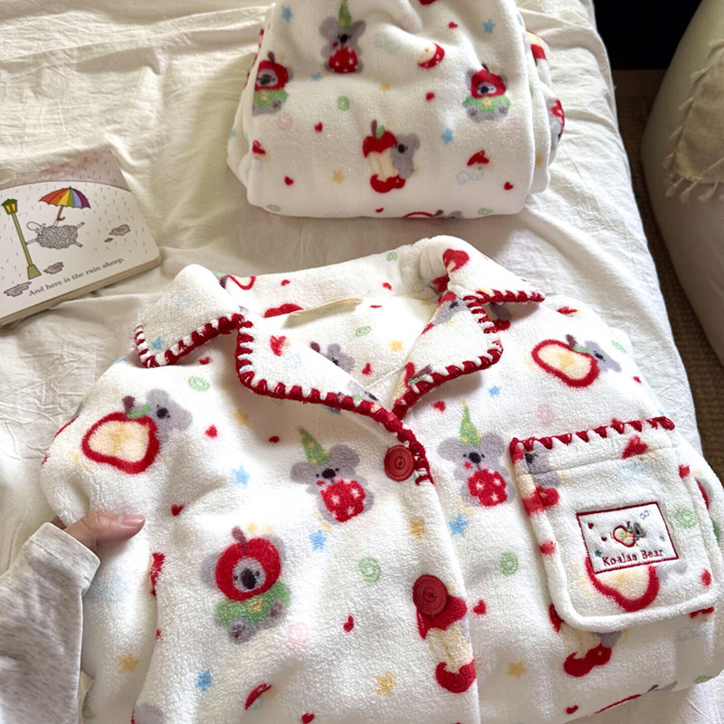 侘町2025年冬季新款卡通睡衣苹果星星考拉套装女法兰绒加厚家居服