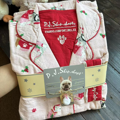 侘町2025年春秋新款柔粉圣诞小猫咪长袖磨毛睡衣可外穿家居服套装