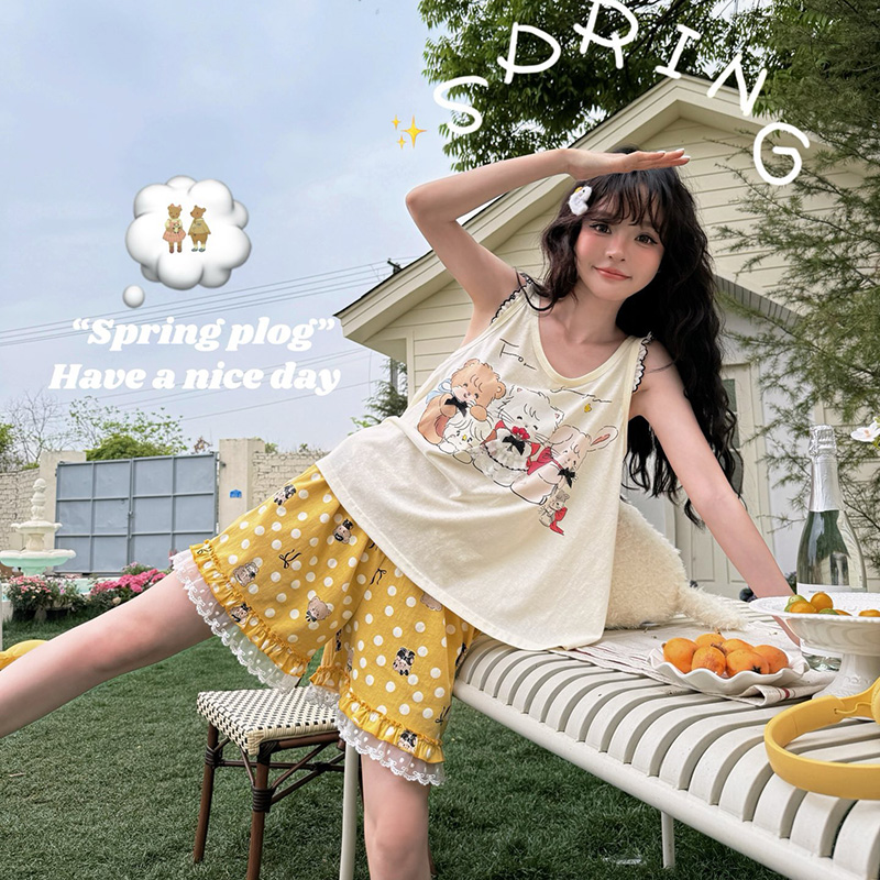 侘町2025年新款米色MK派对背心短裤女睡衣夏天款卡通可外穿家居服