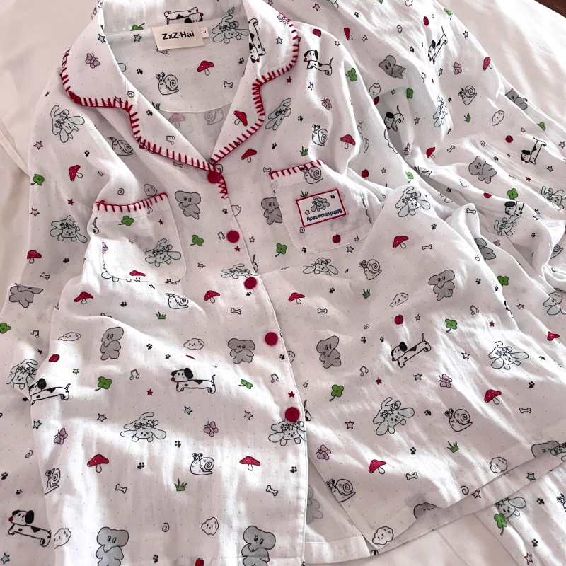 侘町春秋季2025新款纯棉长袖睡衣女款涂鸦线条小狗套装卡通家居服