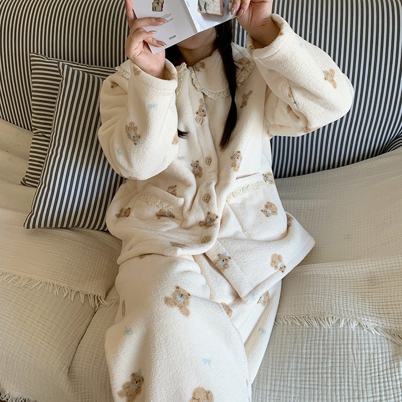 侘町2025新款秋冬季雪粒绒加厚保暖家居服睡衣套装女可爱小熊睡裤