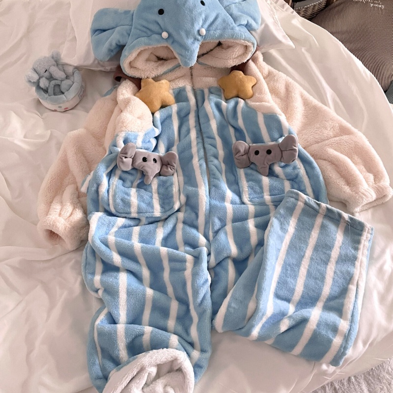 侘町冬季法兰绒睡衣女款2025新款笨笨大象连体背带加绒加厚家居服