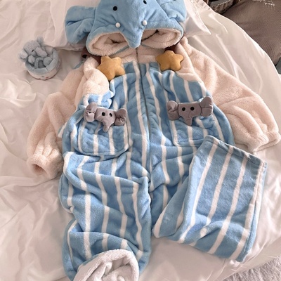 侘町冬季法兰绒睡衣女款2025新款笨笨大象连体背带加绒加厚家居服