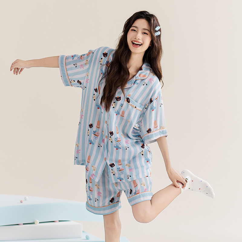 侘町2024新款动物冰淇淋短袖睡衣女款夏季薄款棉纱卡通家居服套装
