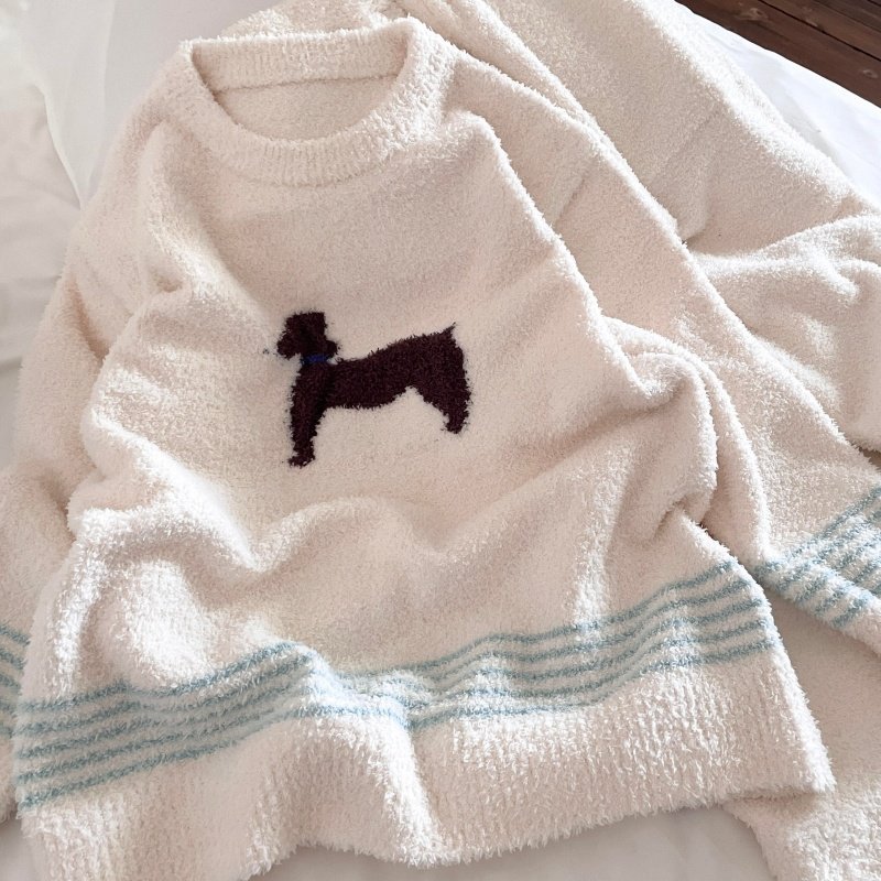 侘町睡衣女2025新款冬季半边绒保暖线条小狗可外穿圆领套装家居服