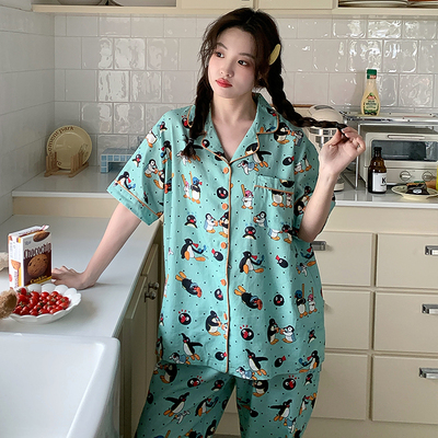 侘町2024新款薄荷曼波短袖睡衣女夏季卡通可外穿纯棉家居服套装