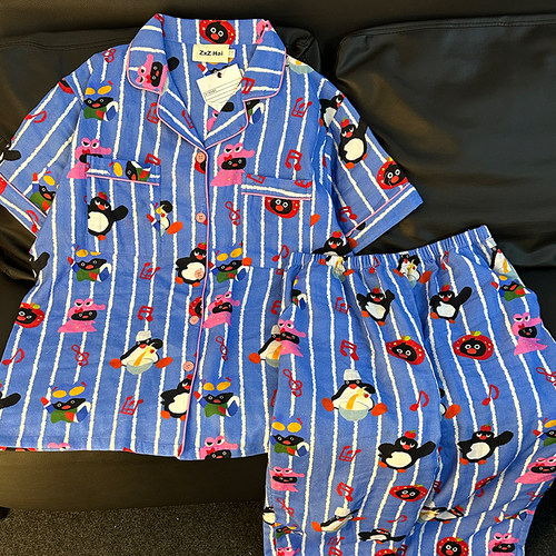 侘町2024年新款音乐蓝色pingu短袖长裤睡衣女夏季薄款棉纱家居服