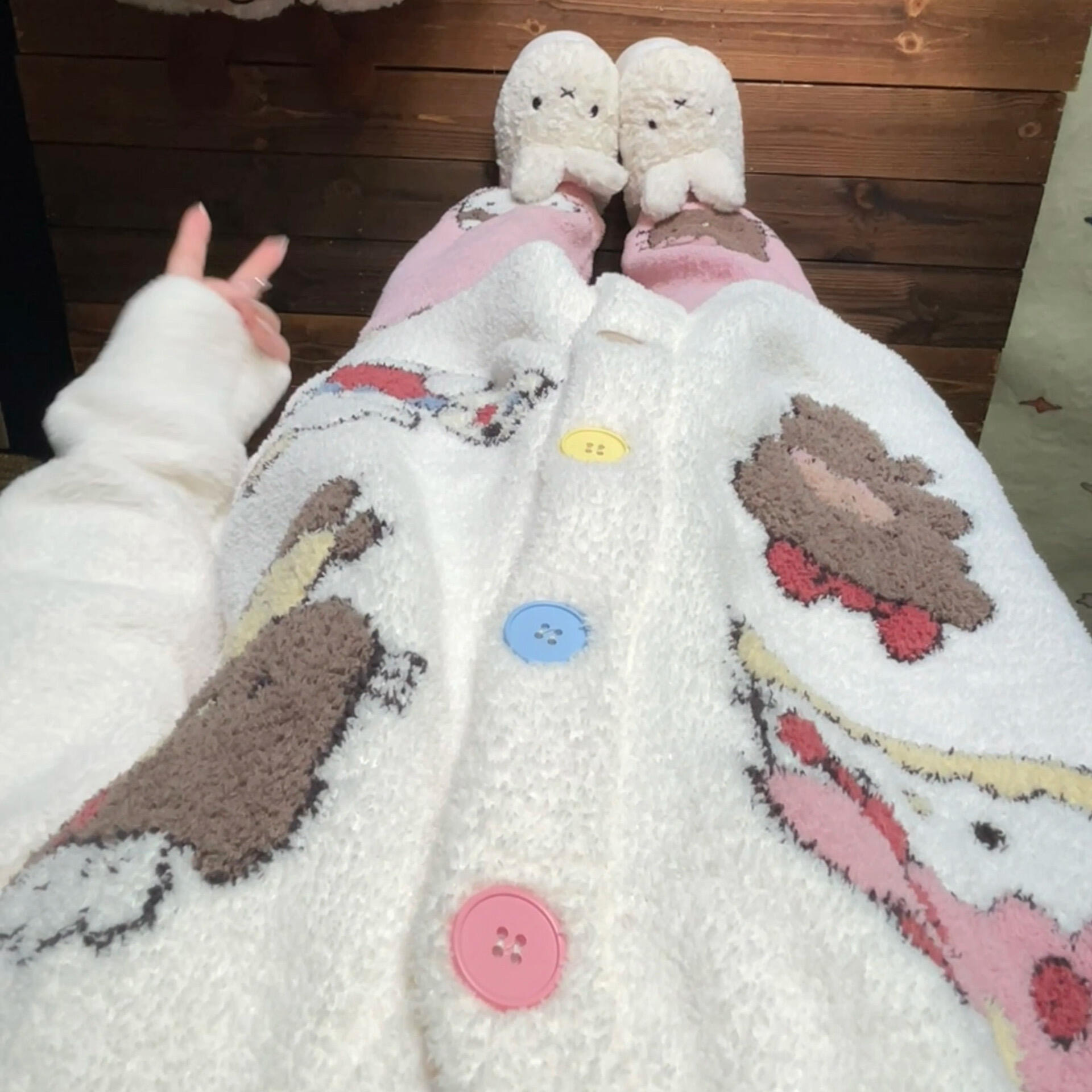 侘町2025家居服新款蛋糕小猫开衫软绵绵秋冬睡衣女半边绒加厚保暖