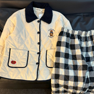 加绒加厚睡衣家居服冬季 侘町2024新款 黑白格小熊三层夹棉女秋冬款