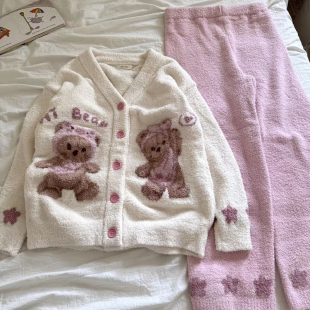 加绒家居服套装 半边绒秋冬睡衣长袖 粉色晚安小熊开衫 侘町2025新款