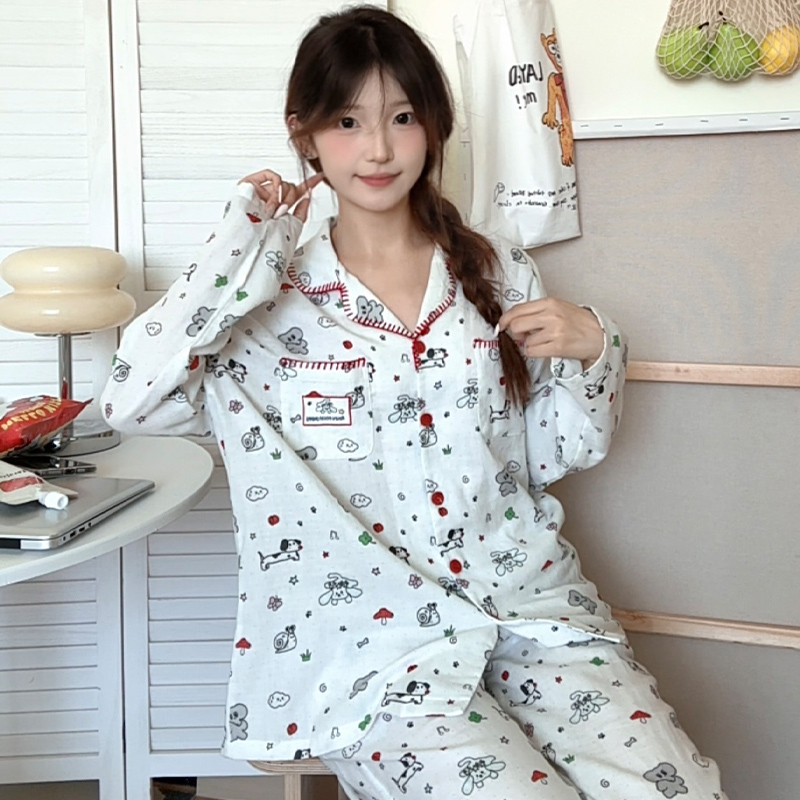 侘町2025新款纯棉长袖女款涂鸦线条小狗春秋季套装卡通家居服睡衣