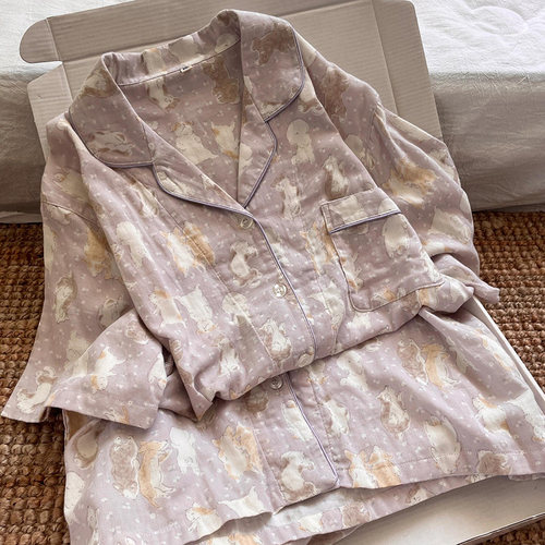 侘町2025新款芋泥紫碎花软萌猫猫短袖睡衣女可外穿夏季家居服套装