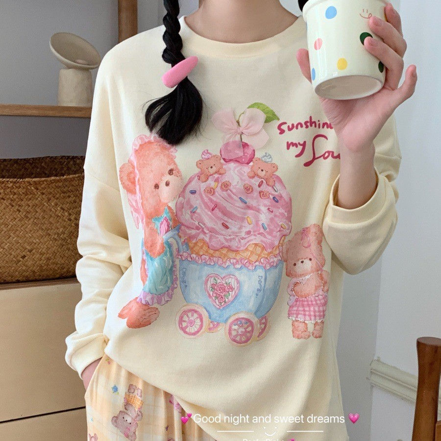 侘町2025新款圆领小熊冰激凌推车睡衣套装卡通印花长裤套装家居服