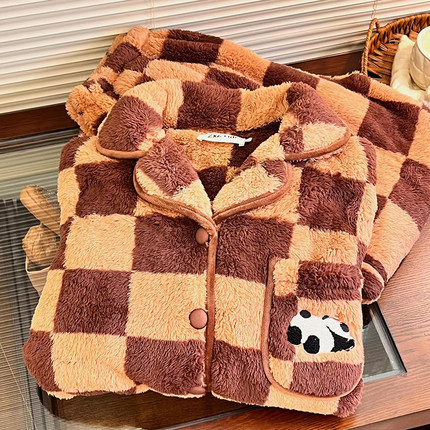 侘町2024新款熊猫格子珊瑚绒睡衣女秋冬季加绒加厚可外穿家居服冬